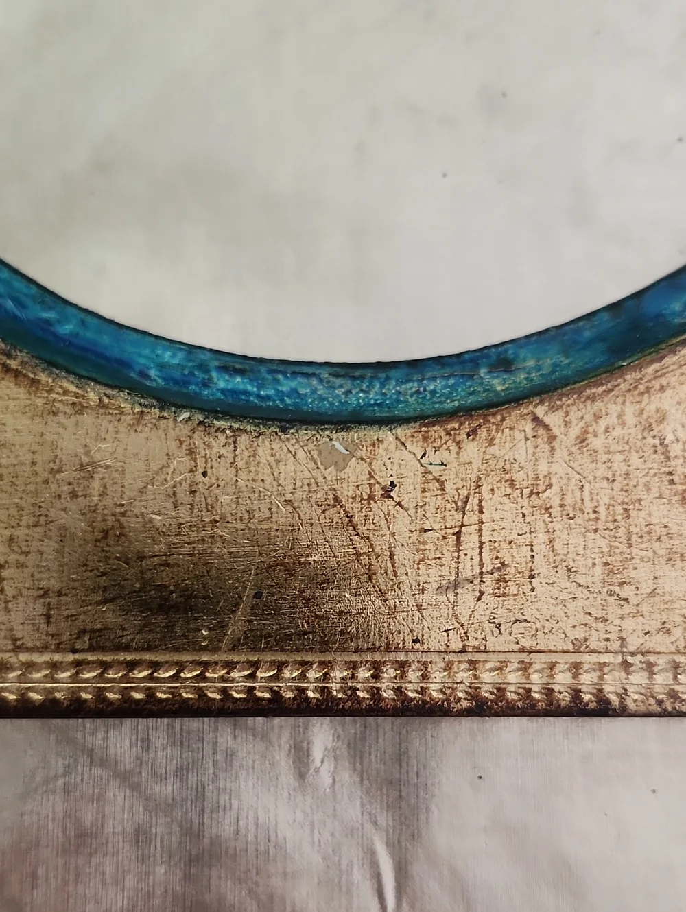 Vtg Ornate Wooden Gold and Teal Oval Picture Frame
